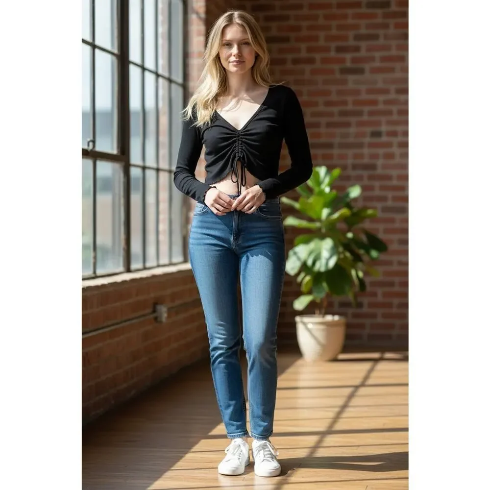 H&M Womens Long Sleeve Crop Top Size XL Black Ruched Drawstring Front Pullover